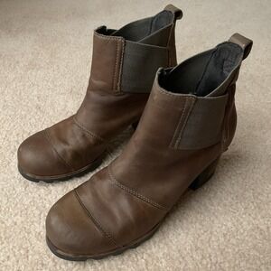 Sorel Womens Addington Chelsea Ankle Boots Brown Leather Block Heel Pull-on Sz 8